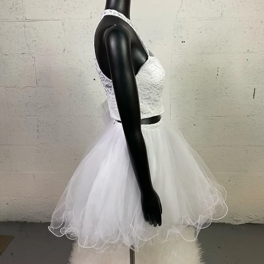 NEW MORILEE 9456 DAMAS DE VIZCAYA white 2 pieces set tulle lace mini dress 6